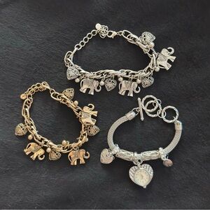 Silver and Gold Elephant Charm Bracelets Set of Three - Women’s Fashion Jewelry